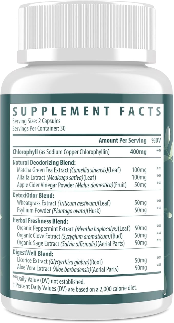 Women's Body Deodorizing Supplement – Chlorophyll Capsules for Body Odor Fresh Breath &amp Gut Detox for Social Confidence – Vegan with Matcha Green Tea Apple Cider Vinegar
