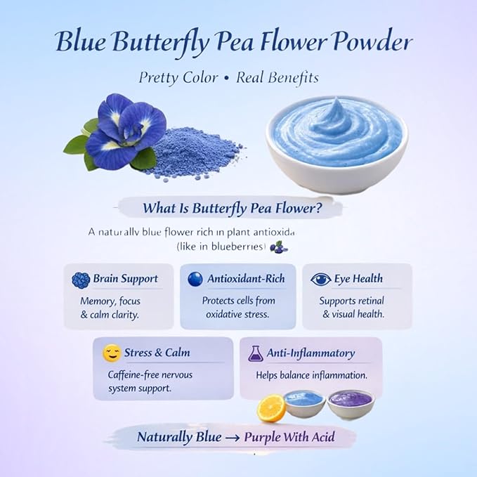 Queen Omi Organic Butterfly Pea Flower Tea Powder| Herbal Tea | Natural Food Coloring | Caffeine Free Tea | Plant Based Superfood | Blue Matcha | Color Changing Magic | Sun Dried in Thailand | 80g