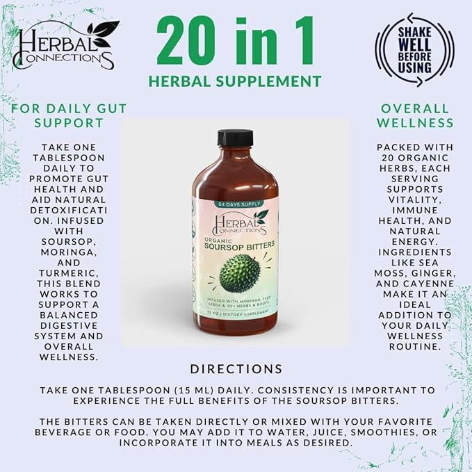 Soursop Bitters Liquid 32 Ounces - 64 Servings - 20 Herb Formula with Soursop Moringa Sea Moss Turmeric Ginger &amp Cayenne | Gut Health Natural Cleanse &amp Daily Wellness | Vegan &amp Organi