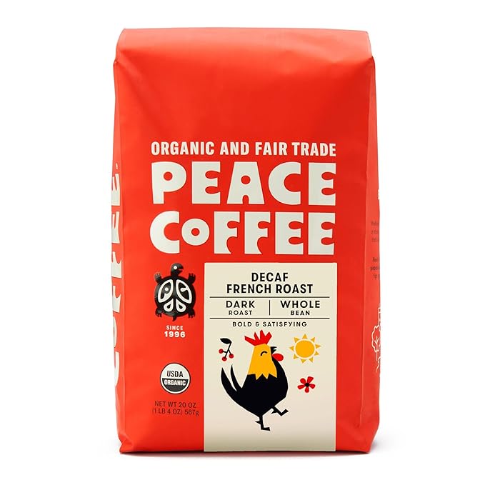 Peace Coffee Decaf French Roast | 20 oz Whole Bean Dark Roast | Organic Fair Trade | Rich Bold Flavor | Shade Grown Fresh Roasted