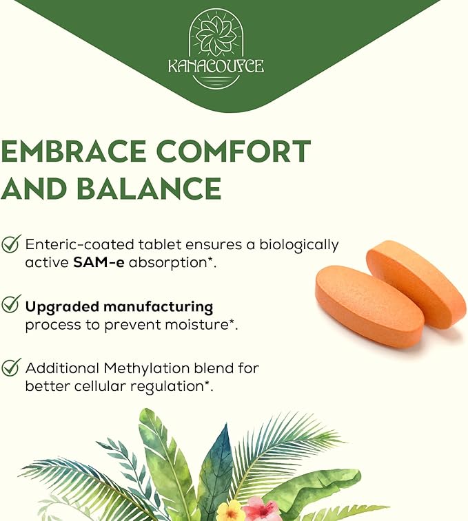 1100mg SAM-e (S-Adenosyl-L-Methionine) SAM e Supplement for Mood Joint &amp Liver Highest Concentration of Active SS Form Same Vegan 120 Tablets