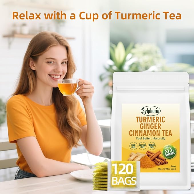 120 Bags Premium Turmeric Ginger Cinnamon Tea Bags Premium Natural Ingredients Turmeric Ginger Herbal Blend with Cinnamon No Sugar Caffeine-FreeTurmeric Ginger Cinnamon Tea（1Pack/120Bags）