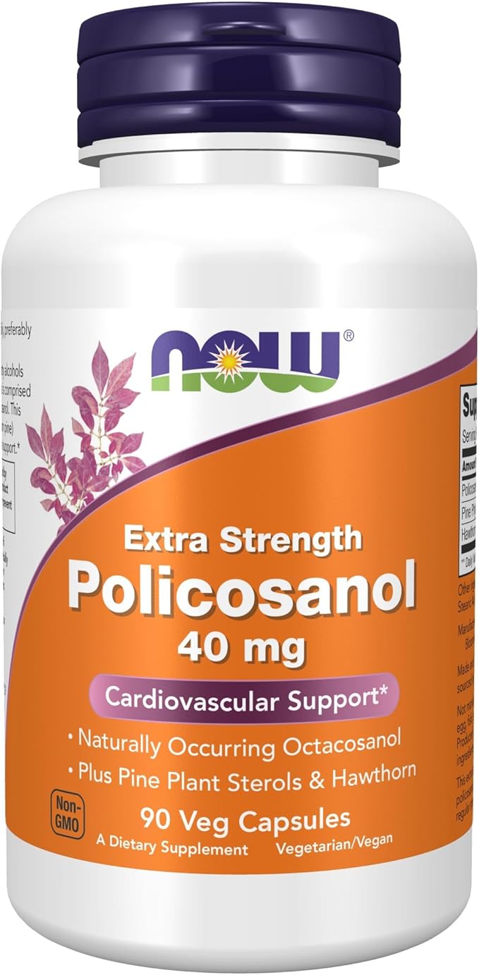 NOW Foods Supplements Policosanol 40mg with Pine Plant Sterols and Hawthorn Extra Strength 90 Veg Capsules