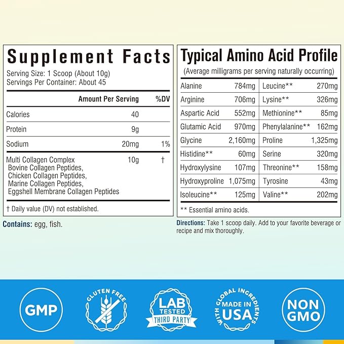 Terranics Multi Collagen Peptides Powder Type I II III V X Hydrolyzed Collagen for Women+Men Collagen Supplements Fast Dissolve Unflavored Colageno No Sugar Keto 16oz