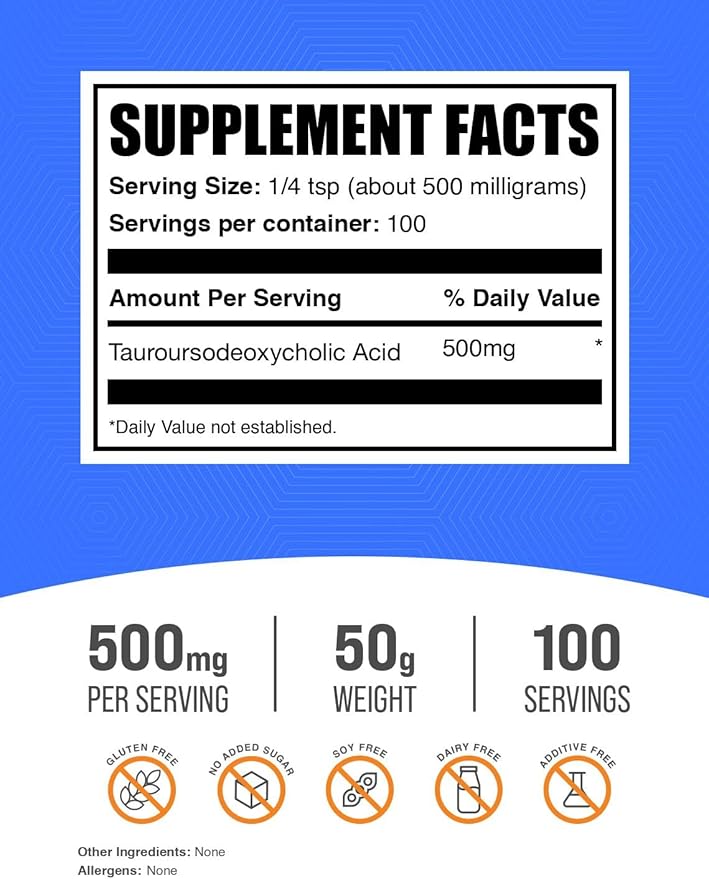 BulkSupplements.com TUDCA Powder - Tauroursodeoxycholic Acid TUDCA 500mg - TUDCA Supplement for Liver Support - Gluten Free 500mg per Serving 50g (1.8 oz) (Pack of 1)