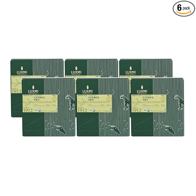 Luxmi Estates Citrus Sky Organic Lemongrass Ginger Green Tea (90 Tea Bags) Mildly Caffeinated Tea Bags For Detox Cleansing and Digestion With Certified Organic Darjeeling Makaibari Green Tea