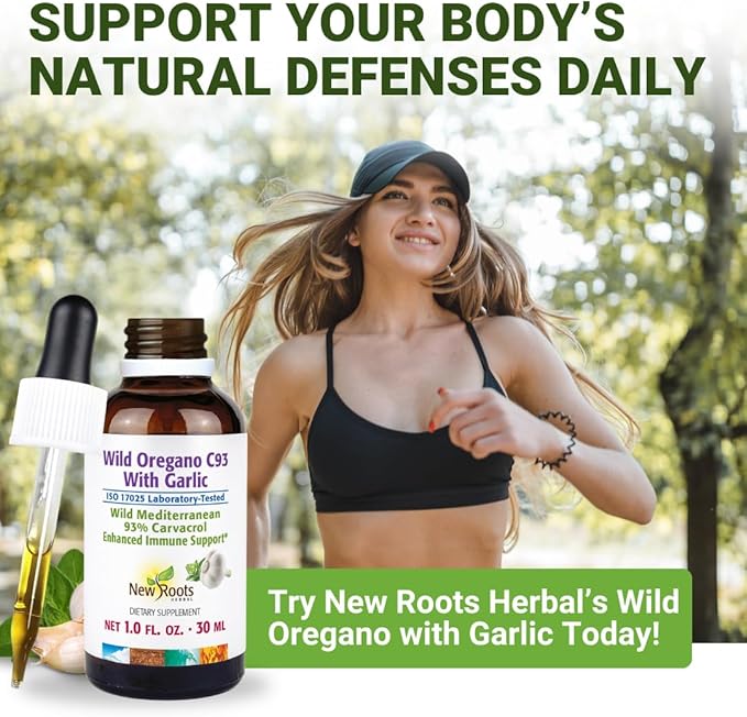 NEW ROOTS HERBAL Wild Oregano Oil Tincture with Garlic (1 fl oz) | 93% Carvacrol Oregano Oil Drops Enhanced Immune Support Supplement l Non GMO Vegan GMP Certified
