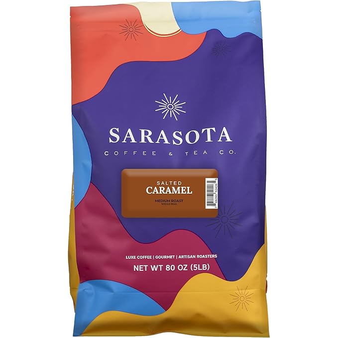 Sarasota Coffee Whole Bean Salted Caramel | Medium Roast Gourmet Flavored Coffee Beans | Low Acid Mold Free Specialty Grade Bulk Beans | 5lb (80 oz)