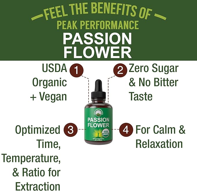 USDA Organic Passion Flower Extract Vegan Liquid Drops with High Bioavailability for Women and Men. Organic Passionflower Supplement with Zero Sugar and Gluten Free. for Calm Relaxation Support.