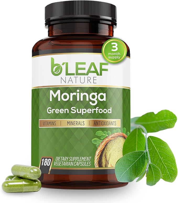 B’Leaf Nature 100% Pure Organic Moringa Oleifera Leaf Powder Capsules I Immune Support I 1000mg per serving I Gluten-Free Non-GMO I Superfood w/ Essential Vitamins &amp Amino Acids I 180 Veggie Capsu