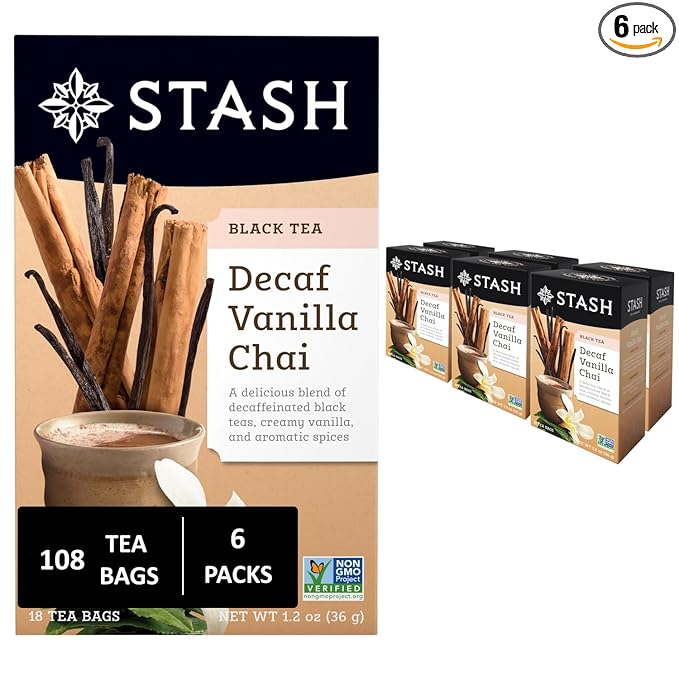 Stash Tea Decaf Vanilla Chai Tea 6 Boxes With 18 Tea Bags Each (108 Tea Bags Total)