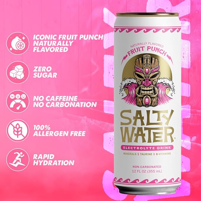 SaltyWater Electrolyte Drink Fruit Punch – Zero Sugar Premium Hydration Drink 10 Calories Minerals Taurine B-Vitamins Non-Carbonated - Zero Caffeine Electrolyte Sports Drink - Gluten Free - 12 P