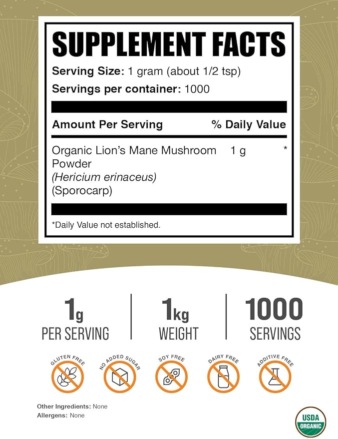 BulkSupplements.com Organic Lions Mane Mushroom Powder - Lions Mane Powder Mushroom Supplement - Vegan &amp Gluten Free 1g per Serving 1kg (2.2 lbs) (Pack of 1)
