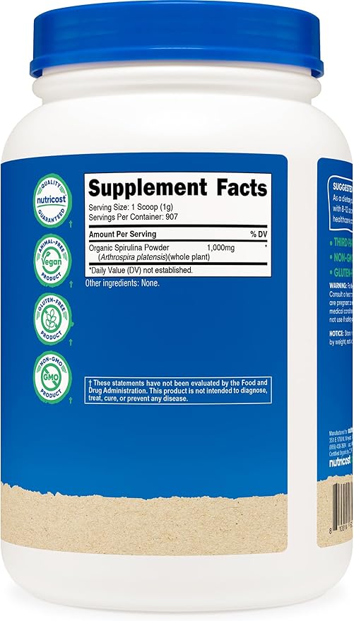 Nutricost Organic Spirulina Powder 2 LB - Pure Certified Organic Spirulina