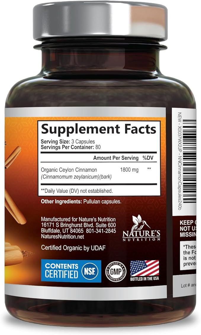 Organic Ceylon Cinnamon 1800mg Per Serving - Extra Strength Certified Organic Ceylon Cinnamon Powder Pills Supplement - Energy &amp Heart Support Antioxidant for Women &amp Men Bottled USA - 240 Ca