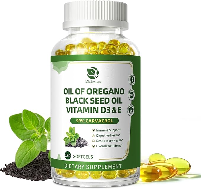 Organic Oregano Oil Capsules with Black Seed Oil Ultra-Concentrated 99% Carvacrol 5-in-1 with Vitamin D3 E Black Pepper Immune Respiratory Digestive &amp Antioxidant* 180 Softgels Easy to Swal