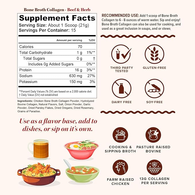 Bone Broth Collagen Powder 16g Collagen Protein per Serving Supports Joints Skin Nails &amp Gut Health Made from Real Beef Bone Broth Savory Collagen for Hot Water Soups &amp Stews Beef Flavored 15