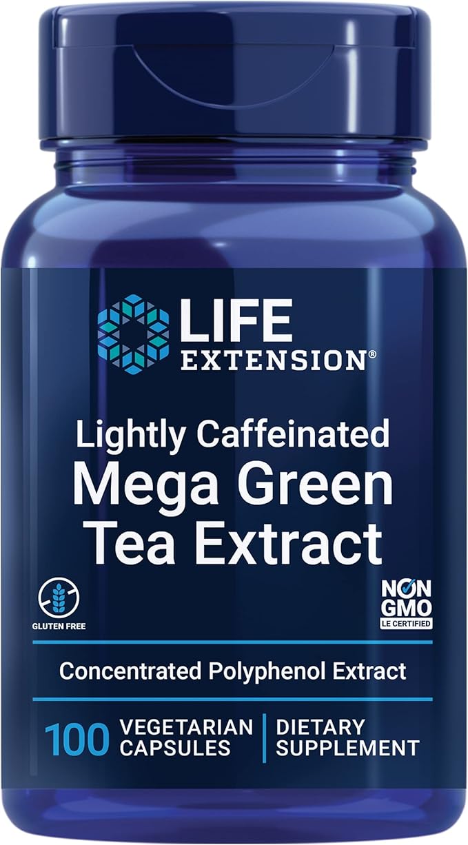 Life Extension Lightly Caffeinated Mega Green Tea Extract Camellia sinensis Extract with Concentrated EGCG polyphenol Content Gluten-Free Non-GMO Vegetarian 100 Capsules