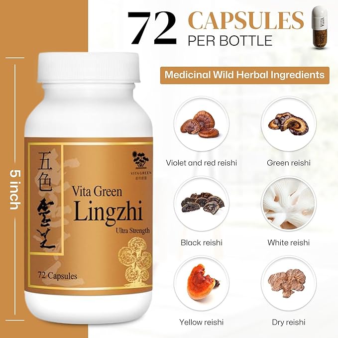 Vita Green Lingzhi Mushroom Supplement (五色靈芝) – Pure Reishi with Natural Antioxidants for Wellness Energy and Immune Support for Men &amp Women – 72 Capsules