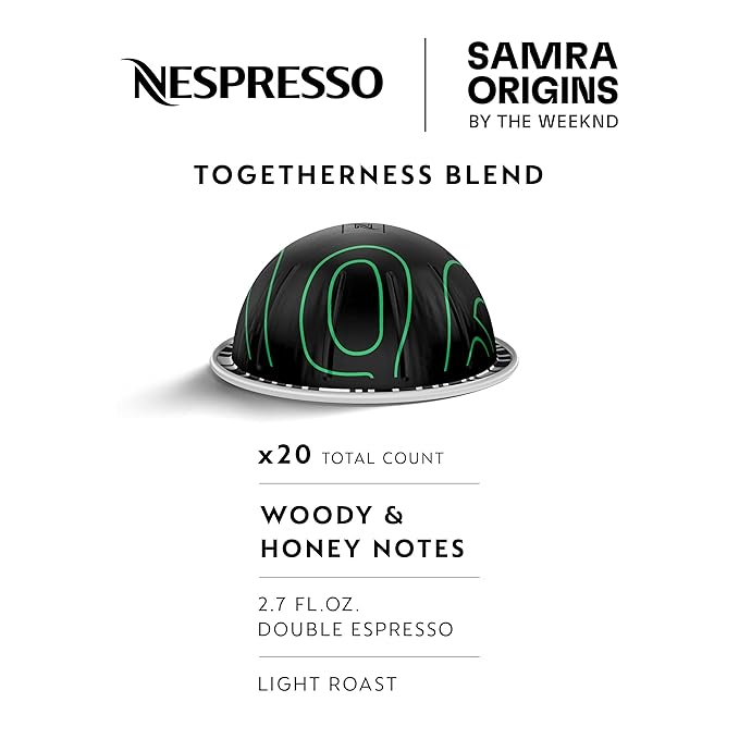 Nespresso I Samra Origins by The Weeknd Vertuo Togetherness Blend Double Espresso Light Roast 20-Count Coffee Pods Brews 2.7 fl. Oz.