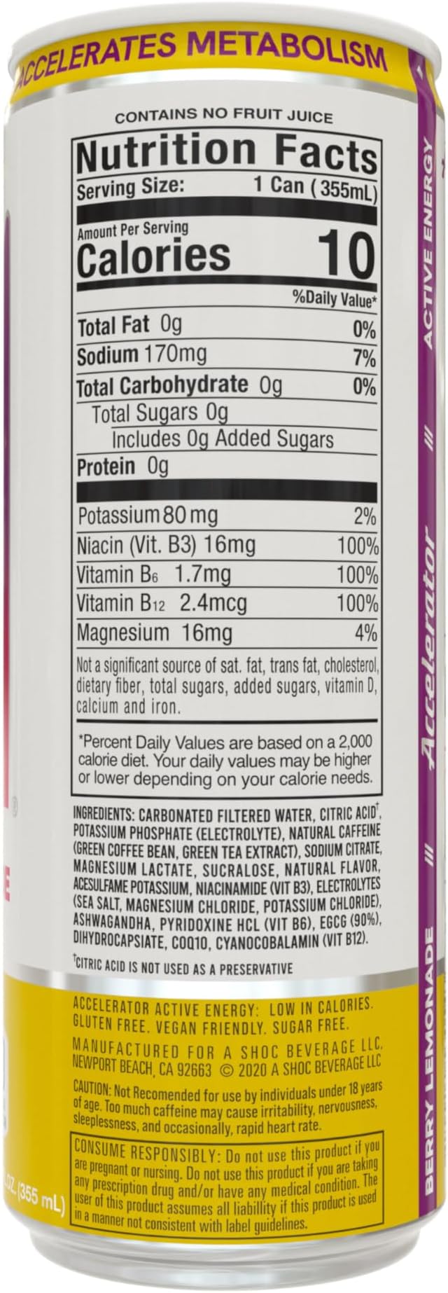 Accelerator Energy Drink Berry Lemonade 12oz can (12 pack) Zero Sugar Sustained Energy from 100% Natural Caffeine (200mg from Green Coffee Bean &amp Green Tea extract)