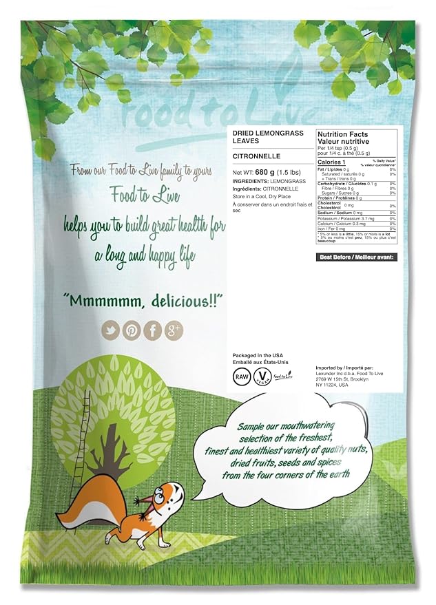 Food to Live Dried Lemongrass Leaves 1.5 Pounds – Cut Lemon Grass Herb Vegan Bulk. Lemony Flavor and Aroma. Rich in Vitamin C. Essential Ingredient for Thai Indian Indonesian Dishes
