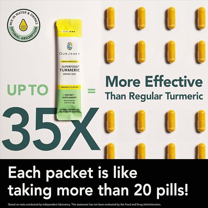 Nano Turmeric Curcumin Drink Powder Supplements–Mango Flavor Daily Morning Routine Immunity Wellness Shot Gut Health &amp Joint Support - No Added Sugar Vegan Gluten-Free Non-GMO12 Sachets