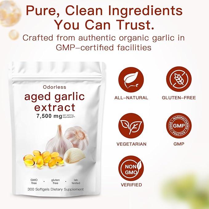 Aged Garlic Extract-300 Count 7500mg Odorless Organic Garlic Capsules Supplement for Heart &amp Immune Support – Vegetarian Non-GMO All-Natural Softgels 2-Year Matured for Antioxidant Wellness
