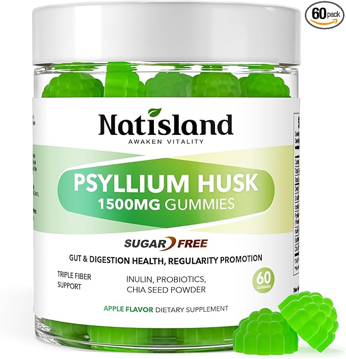 Psyllium Husk Gummies 1500mg Psyllium Husk Fiber Supplement with Probiotics Inulin Chia Seed Powder for Gut &amp Digestive Health Regularity Vegan Sugar Free 60 Chewable