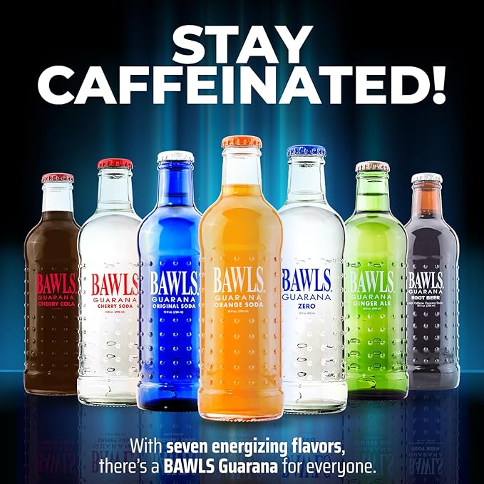 BAWLS Guarana Mandarin Orange BAWLS Guarana Drink Guarana Soda Guarana Fueled Soda for Energy High Energy Caffeinated Drink 10oz 24 Pack Glass Bottles