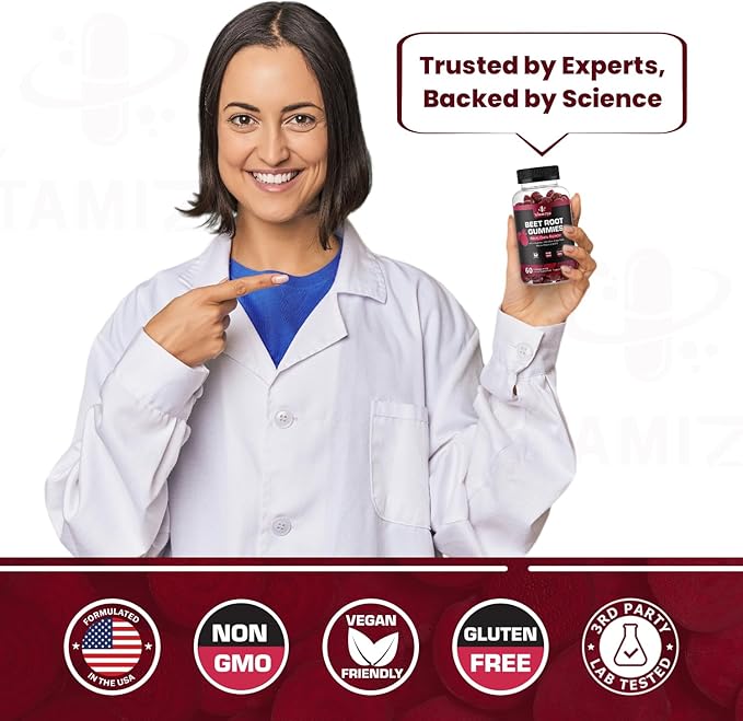 Beet Root Gummies - Super Nitric Oxide Beets Supplement - Red Beetroot Heart Chews with Grape Seed Power &amp B12- Pomegranate Flavor 60 Chewables Beets