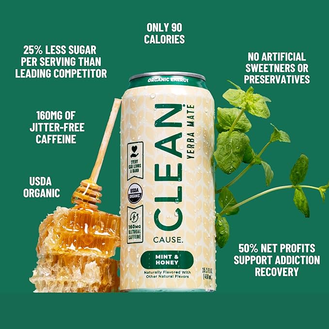 NEW! CLEAN Cause Lemonade &amp Tea and Mint &amp Honey USDA Organic Yerba Mate Tea (15.5oz cans 2-12-Pack Case) Non-Carbonated 160mg Caffeine