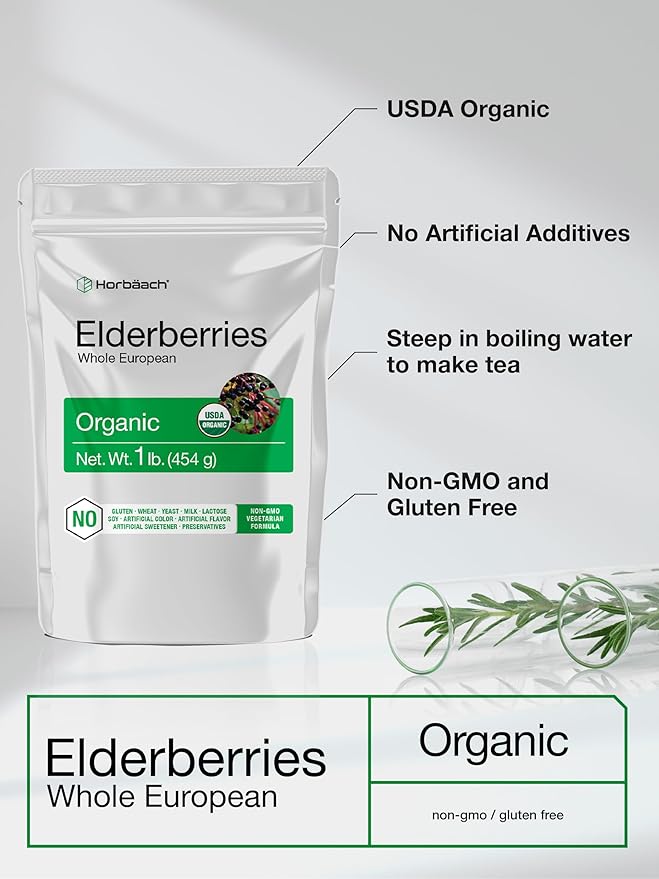 Horbäach Elderberries Dried Organic | 1 lb Bulk Bag | Whole European | Non-GMO Gluten Free | Sambucus Nigra
