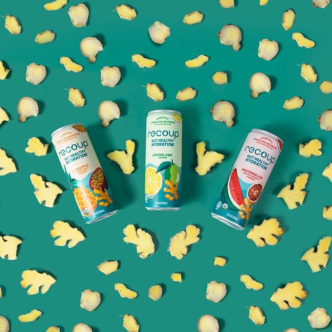 Recoup Organic Sparkling Prebiotic Drink - Ginger with Electrolytes for Gut Health Support &amp Hydration No Added Sugar ((Pack of 12) Pineapple Passion Fruit + Ginger)