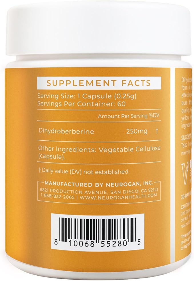 Neurogan Dihydroberberine Supplement Capsules - High-Potency 250mg Per Serving - Bioavailable Berberine Metabolite for Metabolic Function Heart Health &amp Nutrient Utilization - Made in USA