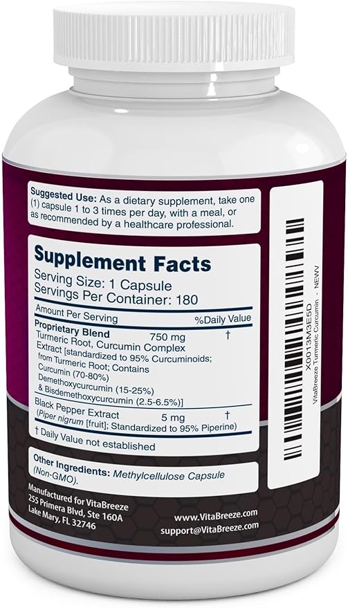 Turmeric Curcumin Complex with Black Pepper Extract - 755mg per Capsule 180 Veg. Caps - Contains Piperine (for Superior Absorption and Tumeric Bio-Availability) and 95% Standardized Curcuminoids