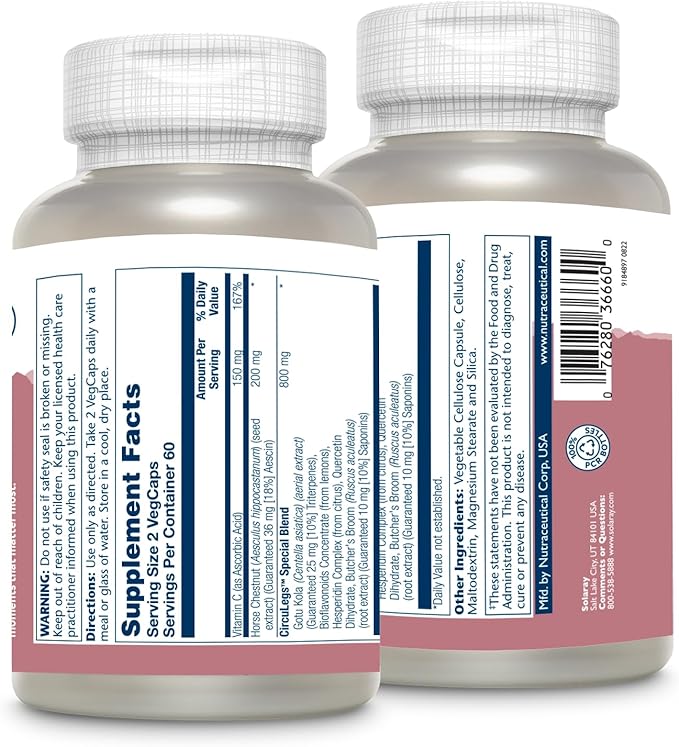 SOLARAY Circulegs - Herbal Supplements for Wellness Support w/Horse Chestnut Extract and Vitamin C Plus Gotu Kola Flavonoids Hesperidin Blend - Vegan Gluten Free 60-Day Guarantee - 60 Servings