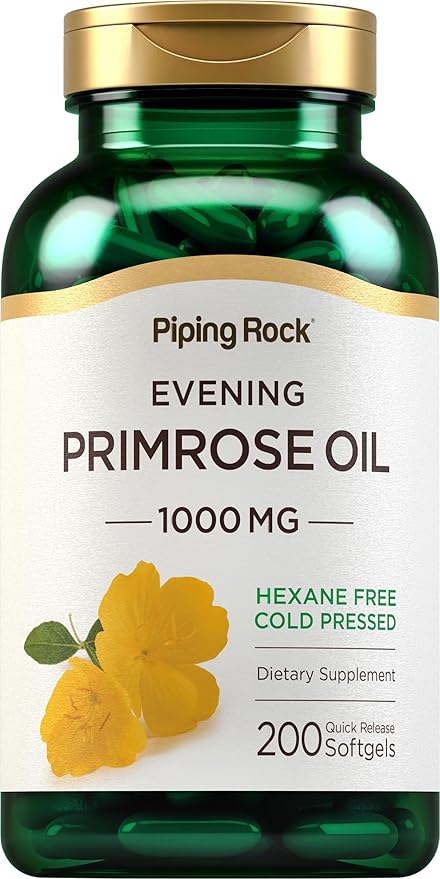 Piping Rock Evening Primrose Oil Softgels 1000mg | 200 Pills | Cold Pressed Dietary Supplement | Non-GMO Gluten Free