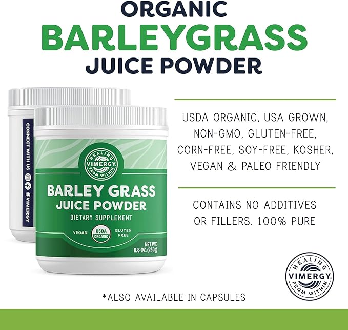 Vimergy Barley Grass Juice Powder Dietary Supplement - 0.8g per Serving (312 Servings) – Clean Superfood Formula – Promotes Cardiovascular Health* – Organic Vegan &amp Gluten-Free – Regular Size 250