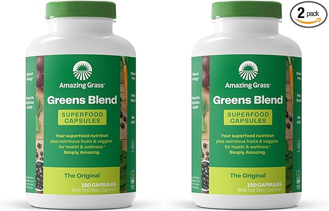 Amazing Grass Greens Blend Superfood Capsules: Super Greens with Organic SpirulinaChlorellaBeet Root PowderDigestive Enzymes &amp Probiotics150 Capsules (Packaging May Vary)(Pack of 2)