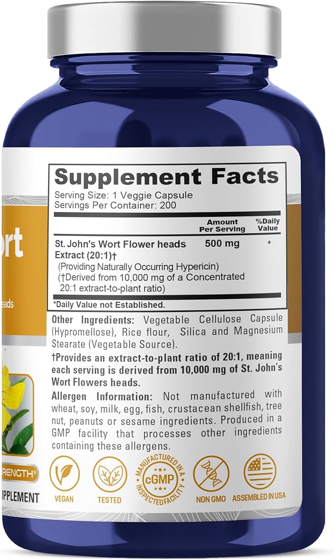 NusaPure St. John's Wort Extract 20:1 - Suitable for Vegetarian/Vegan Non- GMO - 10000mg - 200 Capsules