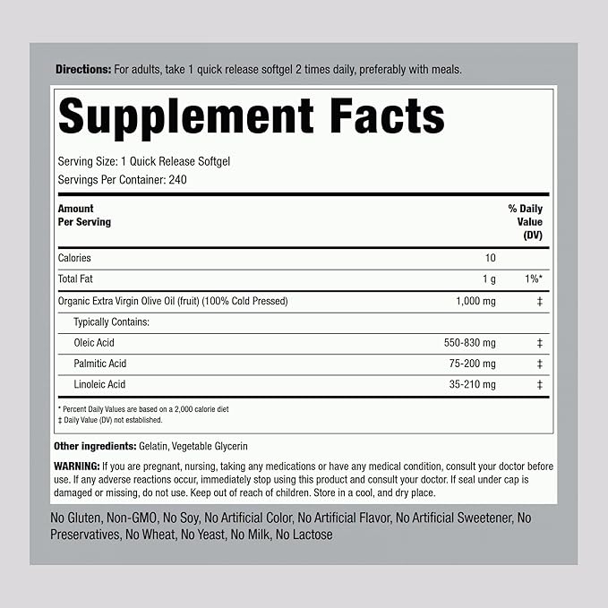 Piping Rock Olive Oil Softgel Capsules | 1000mg | 240 Pills | Organic Extra Virgin Cold Pressed Supplement | Gluten Free Non-GMO