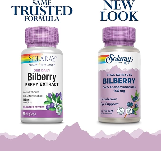 SOLARAY Bilberry Extract 160 mg Eye Health &amp Circulation Support 36% Anthocyanosides Plus Blueberry Vegan 30 VegCaps