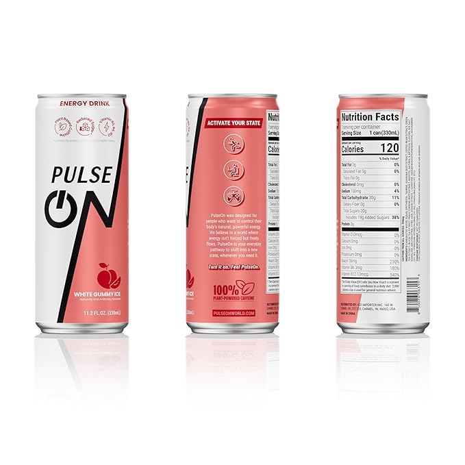 PulseOn Energy Drink- 200mg Natural Caffeine Taurine and Vitamin B|White Gummy Ice Reduced Sugar 11.2 fl oz((Pack of 24)