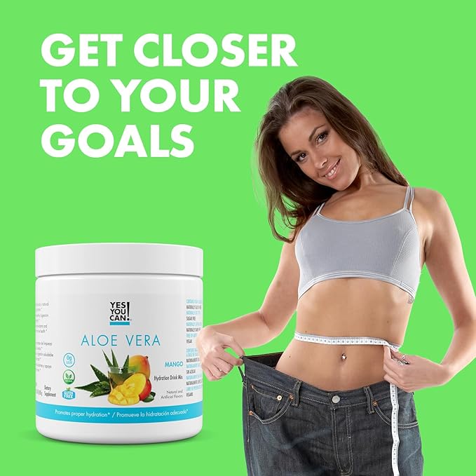Yes You Can! Aloe Vera Powder Drink Mix - Hydration Booster Infused with Pure Organic Aloe Vera Extract - Delicious Flavors - Made in USA - Antioxidant Rich - Mango Flavor - 40 Servings