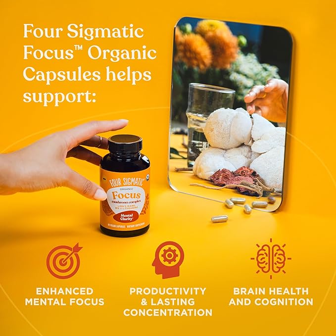Four Sigmatic Focus Capsules | Lion's Mane Supplement Capsules | Brain Boosting Complex with Ashwagandha Bacopa Monnieri &amp Rhodiola | Vegan Nootropic Adaptogen &amp Mushroom Supplement | 30 Serv