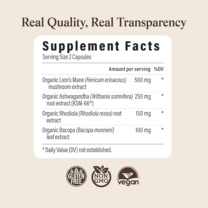 Real Mushrooms RealClarity Capsules – Lion’s Mane KSM-66 Ashwagandha Rhodiola &amp Bacopa – Mental Sharpness Alertness. &amp Adaptogenic Support – Vegan Non-GMO – 60 Count Mushroom Supplement