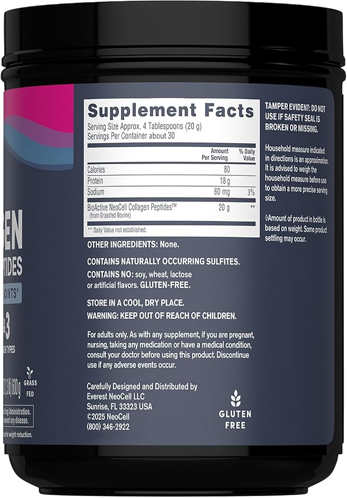 NeoCell Super Collagen Peptides Powder | 30 Servings | Unflavored | Types I &amp III | Grass Fed Bovine Supplement | Hair Skin &amp Nails | for Women and Men