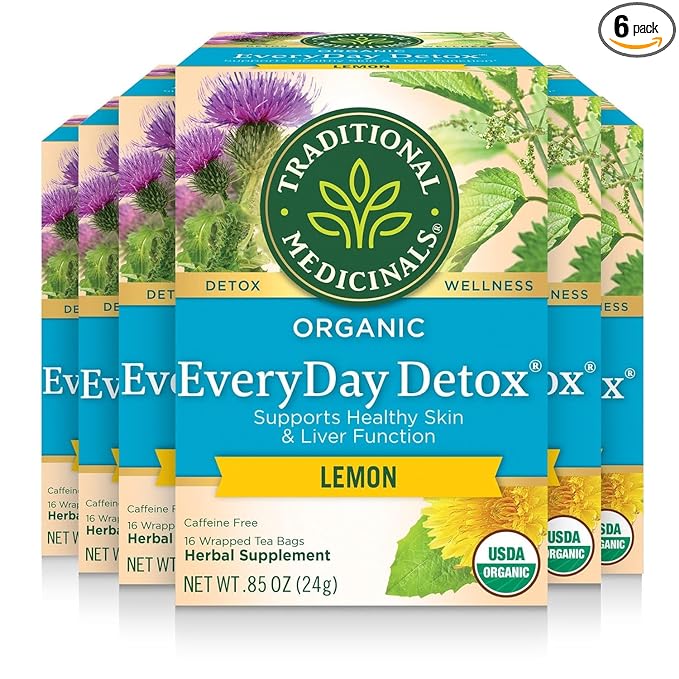 Traditional Medicinals Tea Organic EveryDay Detox Lemon Supports Healthy Skin &amp Liver Function Detox Kosher Non-GMO Caffeine-Free Compostable - 96 Tea Bags (Pack of 6)
