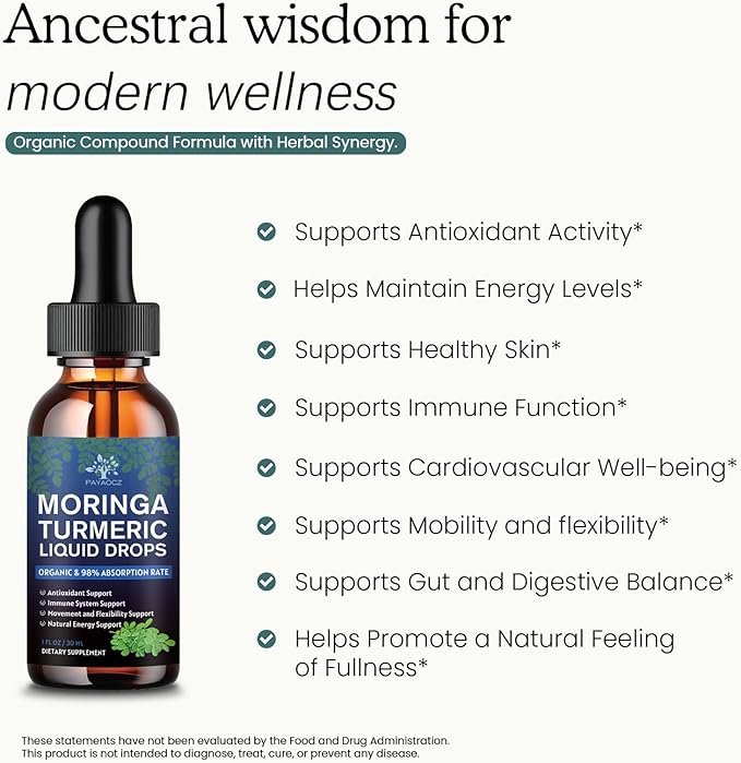 (2 Pack) Organic Moringa Leaf Extract Liquid Drops Supplement 1000mg with Turmeric and Black Pepper for Energy Antioxidant and Skin Green Superfood Supplement for Women Men Vegan 1 Fl Oz